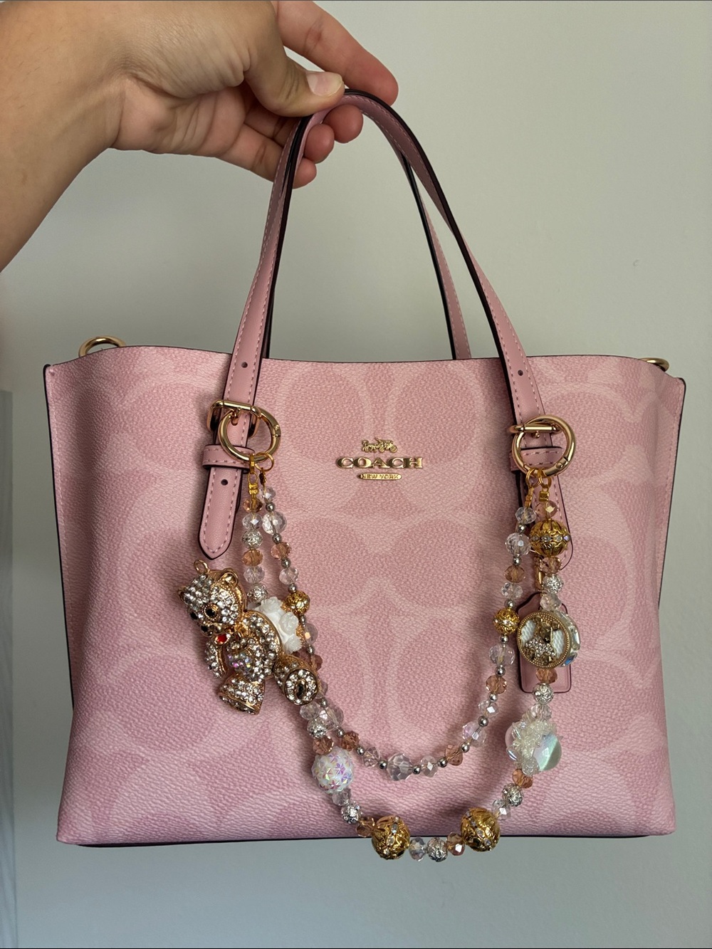 Rhinestone Teddy Bear Charm Gold Beaded Bag Chain